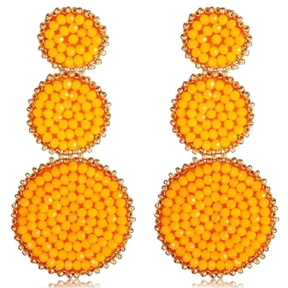 Yellow and Gold Beaded Triple Disc Round Boho Drop Statement Post Back Earrings